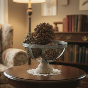 DECORATIVE GALVANIZED METAL BOWL WITH A WOODEN BASE.ASSORTMENT OF WICKER BALLS